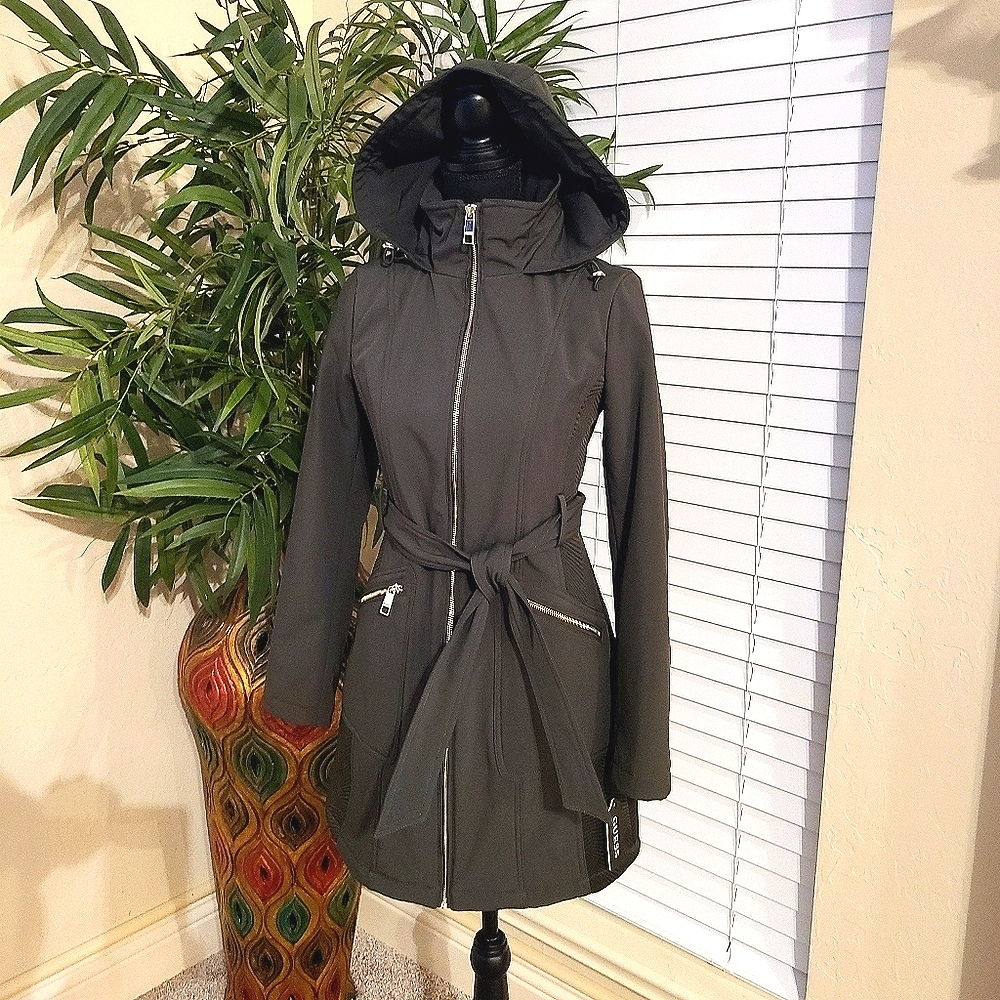 GUESS Soft Shell Coat With Belt, Olive
